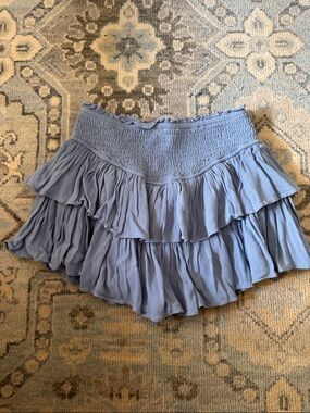 Smocked High-Waist Ruffle Mini Skirt in Dusty Blue